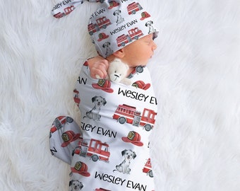 Personalized Baby Boy Firetruck Swaddle Blanket, Baby Name Blanket, Firetruck Baby Blanket, Blanket Hat Set, Knotted Baby Hat, Baby Boy Gift