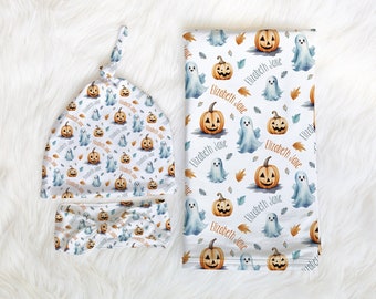 Personalized Halloween Baby Swaddle Blanket, Ghost Pumpkin Hat Headband Set