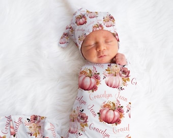 Personalized Pink Pumpkin Swaddle Blanket Set, Newborn Girl Hat Headband