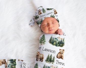 WOODLAND BEAR BABY Boy Swaddle Blanket, Bear Forest Theme Baby Blanket, Boy Swaddle Set, Hospital Baby Gift, Custom Name Boy Bear Blanket