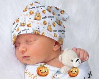 Personalized Halloween Baby Swaddle Blanket Set – Pumpkin & Ghost