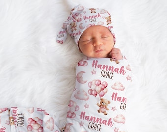 BABY BEAR BALLOONS Swaddle Blanket, Baby Girl Personalized Pink Teddy Bear Balloons Newborn Gift, Custom Girl Moon Stars Bears Baby Blanket