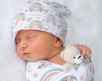 PERSONALIZED RAINBOW SWADDLE, Baby Girl Swaddle Rainbows, Floral Rainbow Swaddle Blanket, Baby Girl Name Headband, Rainbow Baby Swaddle