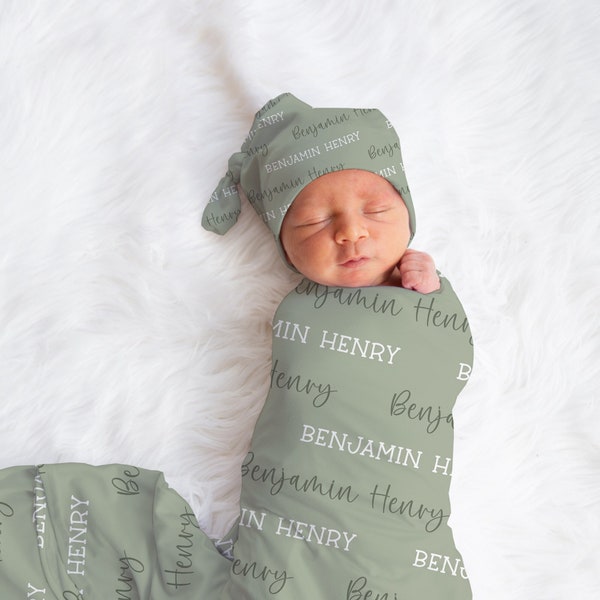 PERSONALIZED BABY NAME Swaddle Blanket, Name Blanket Baby Beanie Knotted Hat Set, Custom Hospital Outfit, Gender Neutral Baby Shower Gift