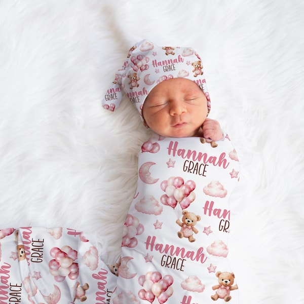 BABY BEAR BALLOONS Swaddle Blanket, Baby Girl Personalized Pink Teddy Bear Balloons Newborn Gift, Custom Girl Moon Stars Bears Baby Blanket
