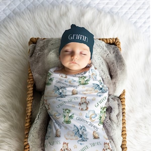 DRAGON BABY BOY Swaddle Blanket, Newborn Dragon Swaddle Set Personalized Swaddle Blanket baby Hat, Custom Newborn Boy Dragon Theme Baby Gift