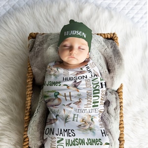 PERSONALIZED MALLARD DUCK Swaddle blanket, Baby Boy Custom Name Mallard Duck Gift, Infant Boy Swaddle Blanket Set, Duck Hunter Baby Blanket