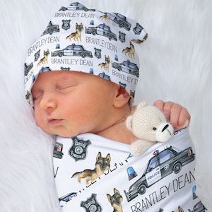 Baby Boy Cop Car Swaddle Blanket, Personalized Swaddle Hat Set, Baby Shower Gift, Custom Boy Swaddle, Knotted Baby Hat, Police Car Blanket