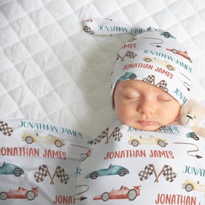 RACE CAR SWADDLE Blanket, Baby Boy Custom Swaddle Set, Racing Theme Newborn Blanket, Racecar Baby Shower Gift, Knotted Baby Hat Blanket Set