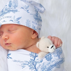Personalized Blue Toile Duck Baby Swaddle Blanket, Customize with Infant Knotted Hat, Bundle Options