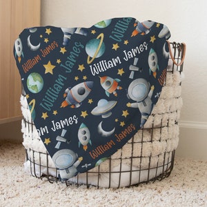 OUTER SPACE BABY Name Blanket, Baby Boy Space Astronaut Blanket, Earth Planets Rocket Blanket, Personalized Baby Blanket Space Earth Stars