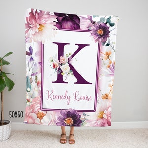 Pink Purple Floral Monogram Blanket, Baby Girl Personalized Name Blanket, Gift for Her, Girl Custom Name Blanket, Watercolor Flower Blanket