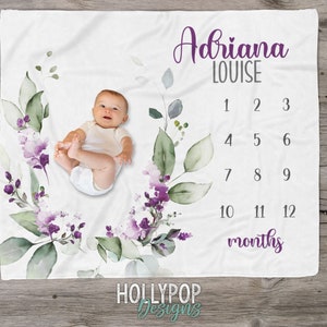 Baby Girl Purple Floral Girl Milestone Blanket, Baby Month Blanket, Personalized Baby Growth Blanket, Newborn Girl monthly Growth Blanket