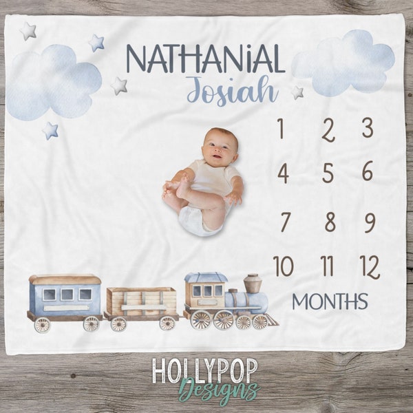 Baby Boy Personalized Train Milestone Blanket, Track Baby Growth, Boy Milestone Train Theme, Monthly Photo Blanket, Custom Name Boy Gift