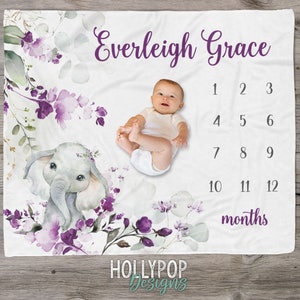 Baby Girl Purple Floral Milestone Blanket, Personalized Girl Elephant Baby Month Blanket, Track Baby Growth, Growth Blanket Newborn Girl