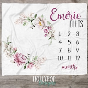 Purple Floral Milestone Blanket, Baby Girl Name Blanket, Newborn Girl Growth Blanket, Month to Month Photo Blanket, Personalized Milestone