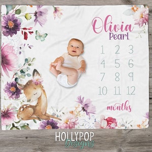 Baby Girl Floral Woodland Deer Milestone Blanket, Watercolor Floral Deer Infant Girl Months Blanket, Baby Month Photo Blanket, Infant Growth
