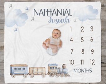 Baby Boy Personalized Train Milestone Blanket, Track Baby Growth, Boy Milestone Train Theme, Monthly Photo Blanket, Custom Name Boy Gift