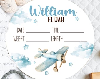 AIRPLANE BIRTH STAT Sign, Newborn Boy Baby Announcement Sign, Blue Airplane Nursery Baby Name Sign, Round Wood Airplane Baby Stats Baby Gift
