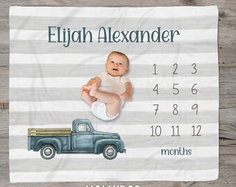 Vintage Truck Personalized Milestone Blanket Baby Boy Growth Blanket Baby Growth Month to Month Old Farm Pickup Blue Truck Blanket Baby Gift