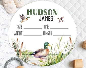 BABY BOY MALLARD Duck Birth Stat Sign, Round Wood Baby Name Sign, Duck Nursery Birth Announcement, Boy Shower Gift, Nursery Sign Duck Theme
