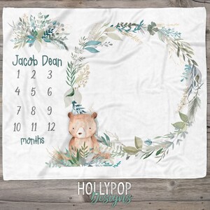 Woodland Boy Milestone Blanket, Baby Boy Growth Blanket, Woodland Bear Greenery Wreath, Personalized Boy Blanket, Boy Photo Prop Blanket