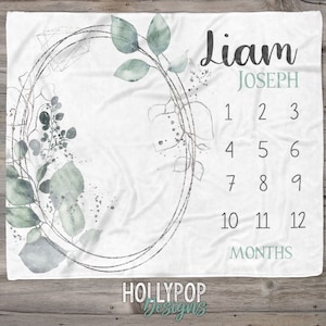 Greenery Wreath Baby Milestone Blanket, Monthly Growth Tracker, Gender Neutral, Track Baby Growth, Greenery Boy Blanket, Newborn Baby Gift