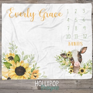 Custom Girl Milestone Blanket, Floral Calf Milestone Blanket, Peronalized Girl Sunflower Blanket, Sunflower Cow Milestone, Newborn Girl gift