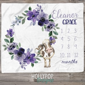 Personalized Baby Girl Floral Milestone Blanket, Cow Milestone Blanket, Farm Theme Blanket, Purple Floral Cow, Custom Name, Infant girl gift