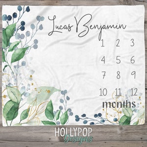 Greenery Milestone Blanket, Baby Boy Milestone Blanket, Monthly Baby Growth Blanket, Personalized Baby Blanket, Baby Shower Gift, Baby Boy