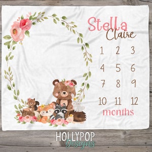 Baby Girl Woodland Animals Milestone Blanket, Floral Woodland Blanket, Custom Growth Tracker, Woodland Baby Month Blanket, Track Baby Growth