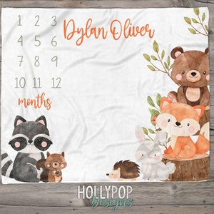 Woodland Animals Milestone Blanket, Baby Boy Monthly Milestone, Custom Boy Baby Blanket, Baby Boy Growth Blanket, Monthly Growth Blanket image 1