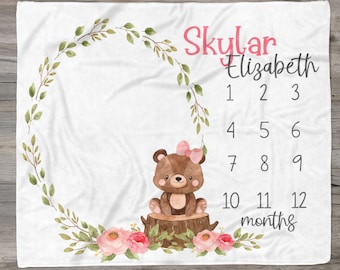 Baby Girl Woodland Bear Milestone Blanket, Monthly Milestone Pictures, Baby Growth Photo Blanket, Custom Name Woodland Animals Watch Me Grow