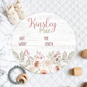 BOHO FLORAL Birth Stat Sign, Round Wood Birth Stat Sign, Vintage Floral Baby Girl Birth Stat Sign, Personalized Birth Stat Hospital Sign