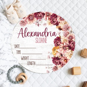 FLORAL BABY Birth Stats Sign, Personalized Girl Birth Stats Sign, Pink Burgundy Baby Name Sign Birth Stats, Custom Birth Announcement Sign