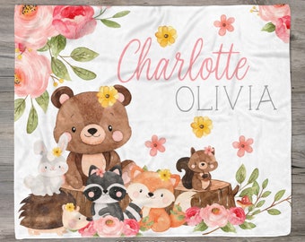 Baby Girl Woodland Animal Blanket, Floral Woodland Name Blanket, Personalized Baby Girl Blanket, Baby Shower Gift, Custom Baby Name Blanket