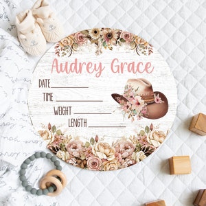 PERSONALIZED COWGIRL Birth Stats Sign, Floral Western Boho Birth Stats Sign, Newborn Girl Floral Cowboy Hat Birth Stat Name Sign, Baby Gift