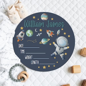 OUTER SPACE BOY Birth Stats Sign, Personalized Baby Birth Stats Sign, Round Wood Astronaut Baby Sign, Earth Planets Space Rockets Name Sign