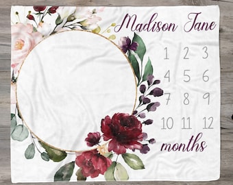 Red Rose Floral Milestone Blanket, Red Floral Wreath Baby Girl Monthly Growth Blanket, Personalized Month Blanket, Baby Growth Chart Blanket