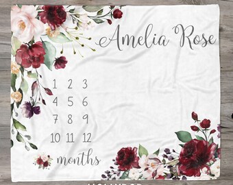 Floral Baby Milestone Blanket, Red Rose Girl Growth Chart