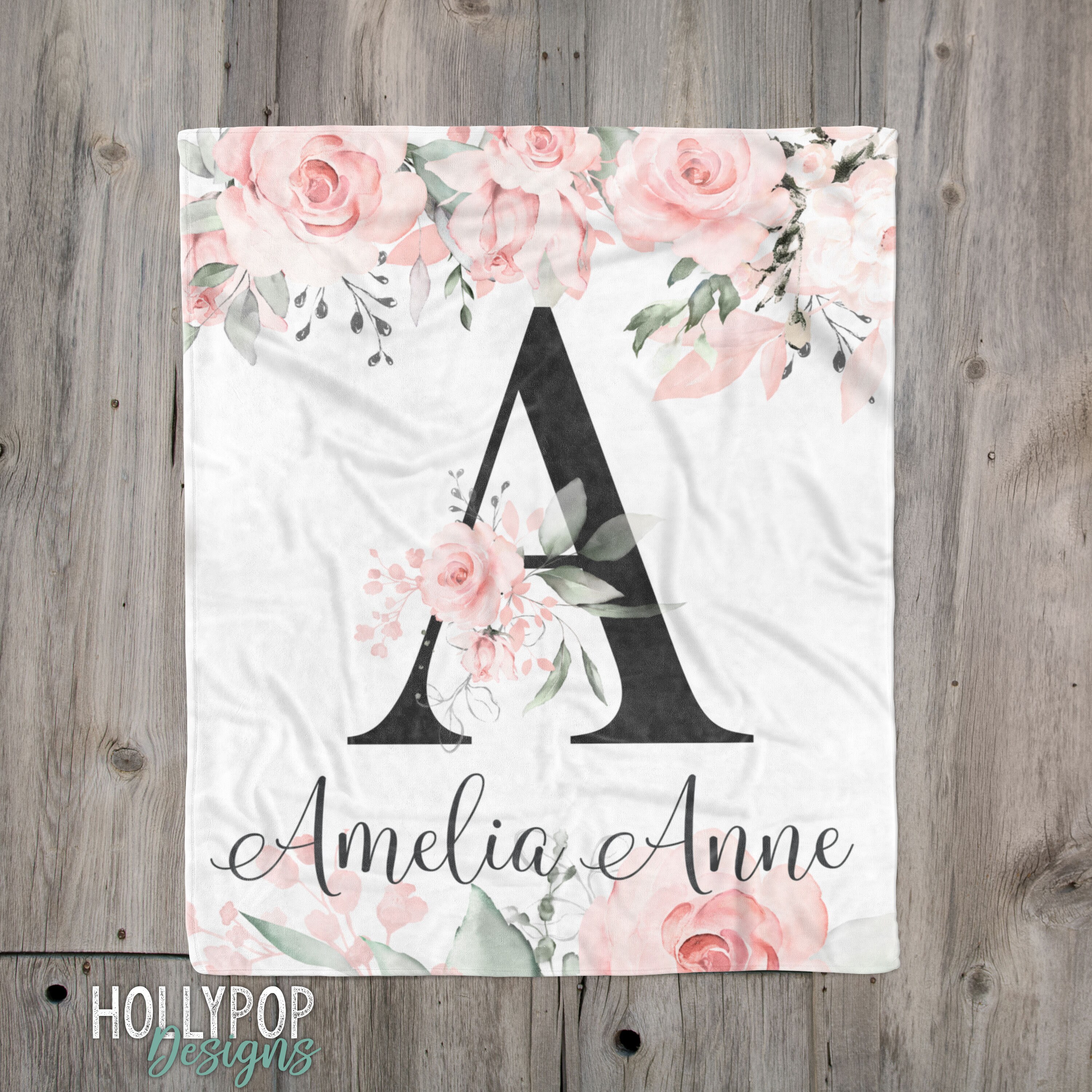 Pink Watercolor floral Monogram Baby Blanket, Baby Name Blanket for G…