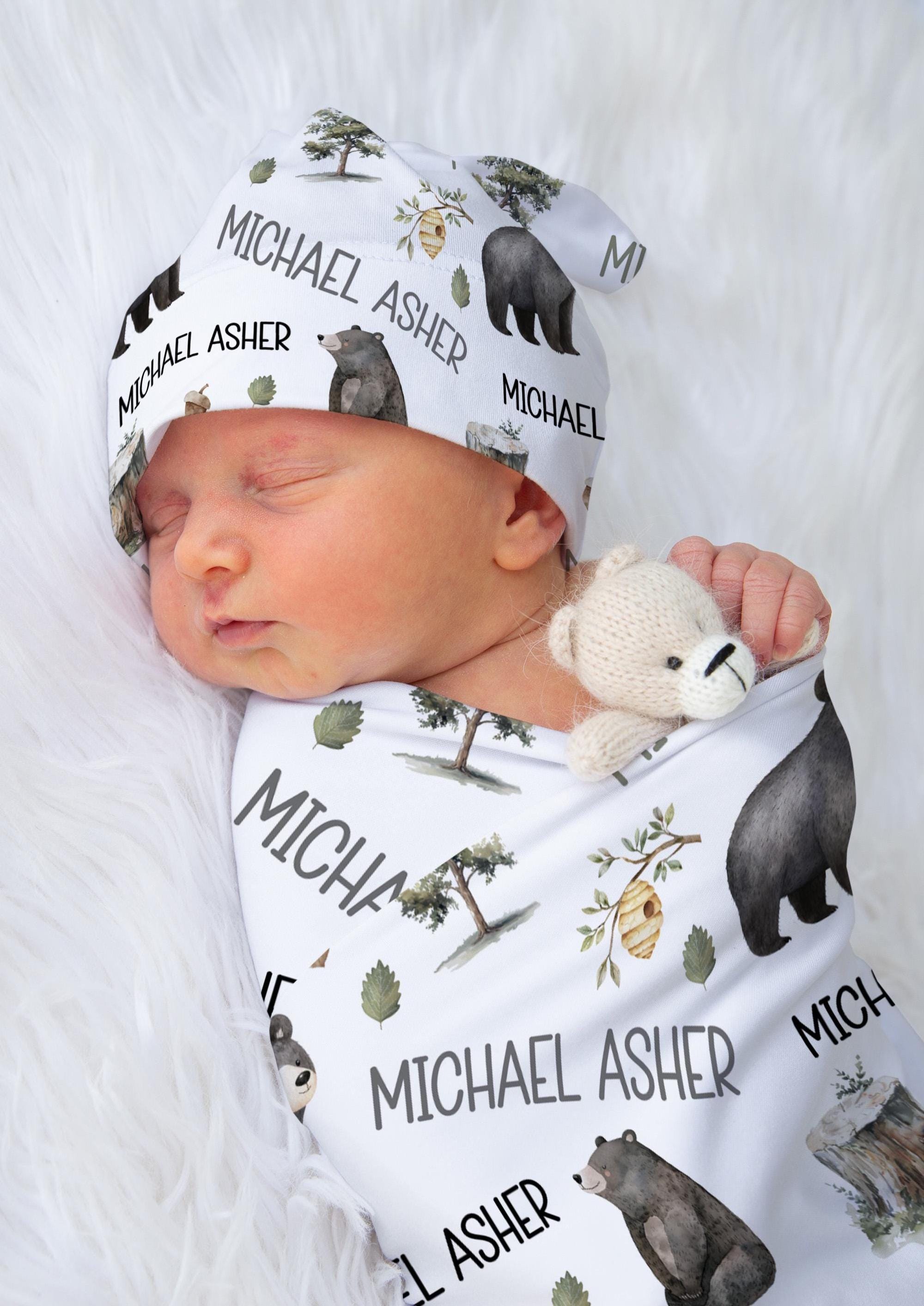 PERSONALIZED BABY BOY Black Bear Swaddle, Black Bear Baby Name Swaddle, Woodland Theme Custom Name Baby Blanket, Woodland Newborn Boy Gift