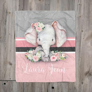 Floral Elephant Blanket, Personalized Baby Girl Blanket, Pink Gray Baby Elephant Blanket, Soft Baby Blanket Girl, Custom Baby Name Blanket