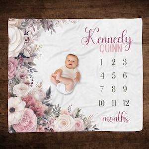 PERSONALIZED ROSE MILESTONE Blanket, Baby Girl Growth Blanket, Pink Purple Floral Milestone, Month Blanket Baby Girl, Baby Milestone Blanket