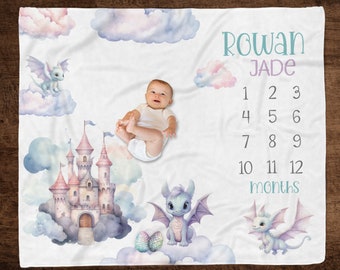 GIRL DRAGON MILESTONE Blanket Personalized Dragon Baby Growth Blanket, Dragon Nursery Baby Girl Gift, Purple Dragon Fairytale Castle Blanket