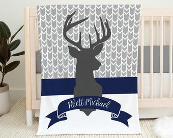 Deer Baby Blanket, Personalized Baby Boy Blanket, Toddler Boy Name Blanket, Deer Silhouette Name Blanket, Navy Gray Woodland Deer Blanket