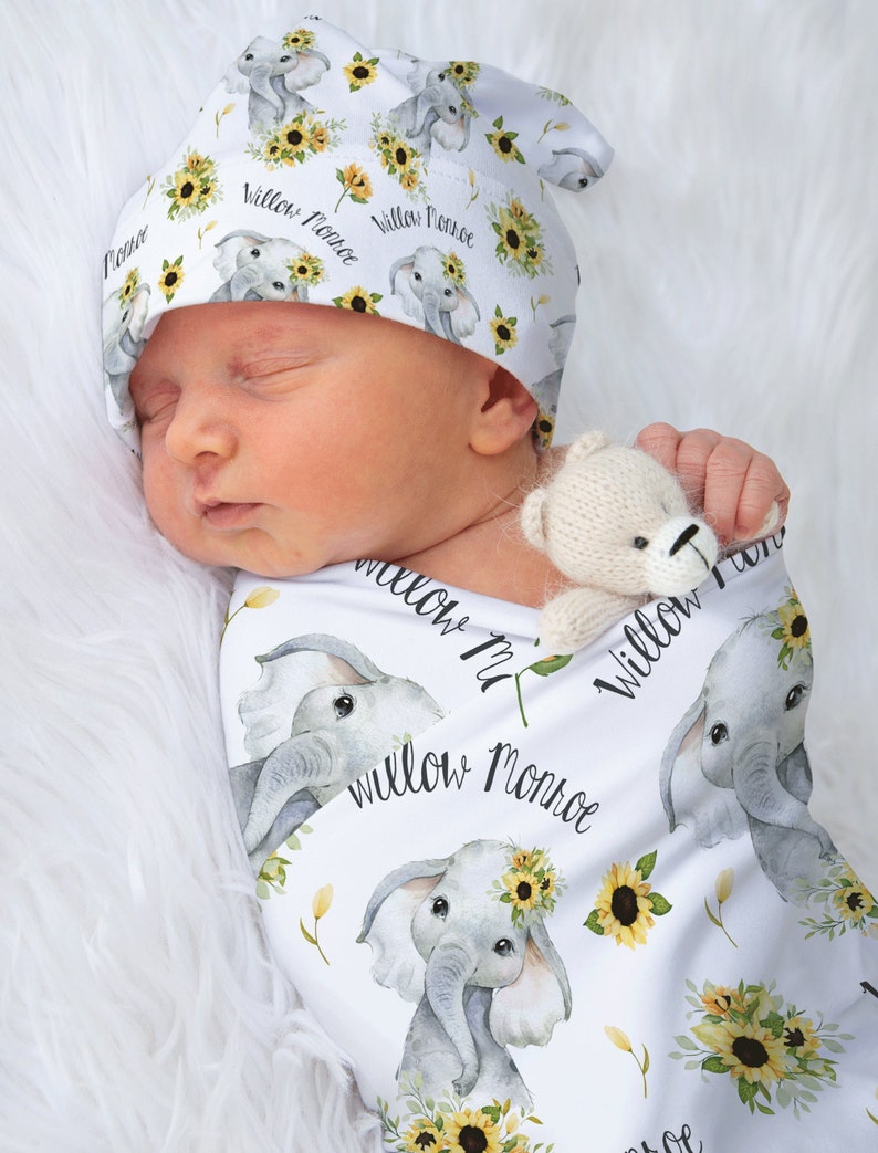 Elephant Sunflower Baby Name Swaddle Set Floral Elephant Etsy