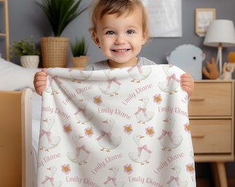 PERSONALIZED GOOSE BLANKET, Goose Pink Bow Baby Blanket, Baby Girl Name Blanket, Custom Name Baby Gift, Pink Goose Baby Shower New Mom Gift