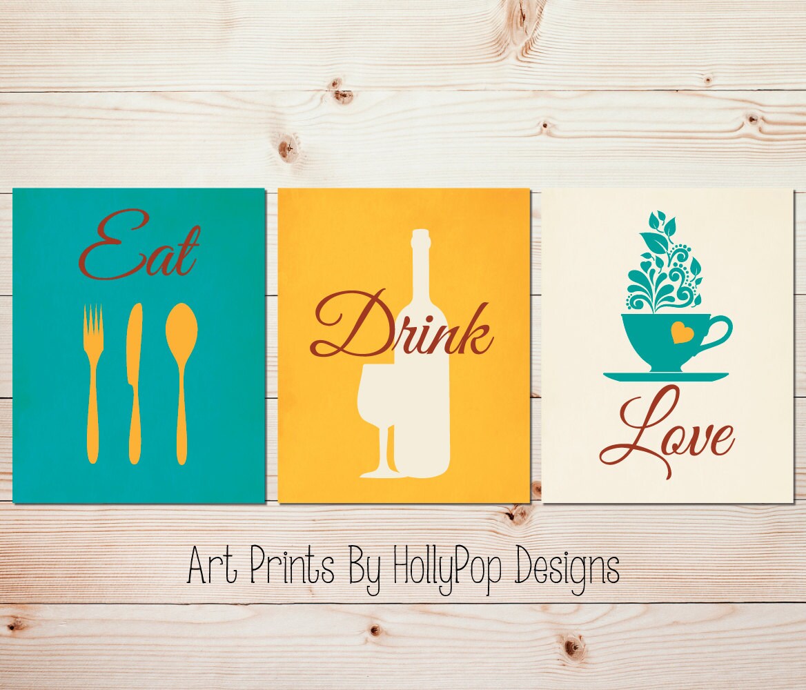Modern Kitchen Art Prints Teal Kitchen Decor Eat Drink Love Etsy