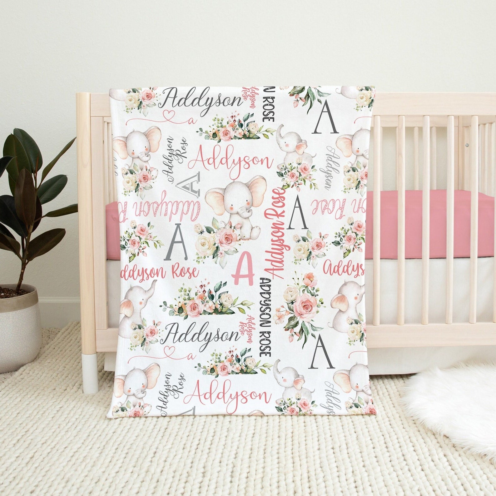 Pink Gray Personalized Baby Girl Elephant Blanket Floral Etsy